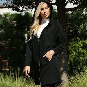 Hooded Black Two Way Zip Up Jacket